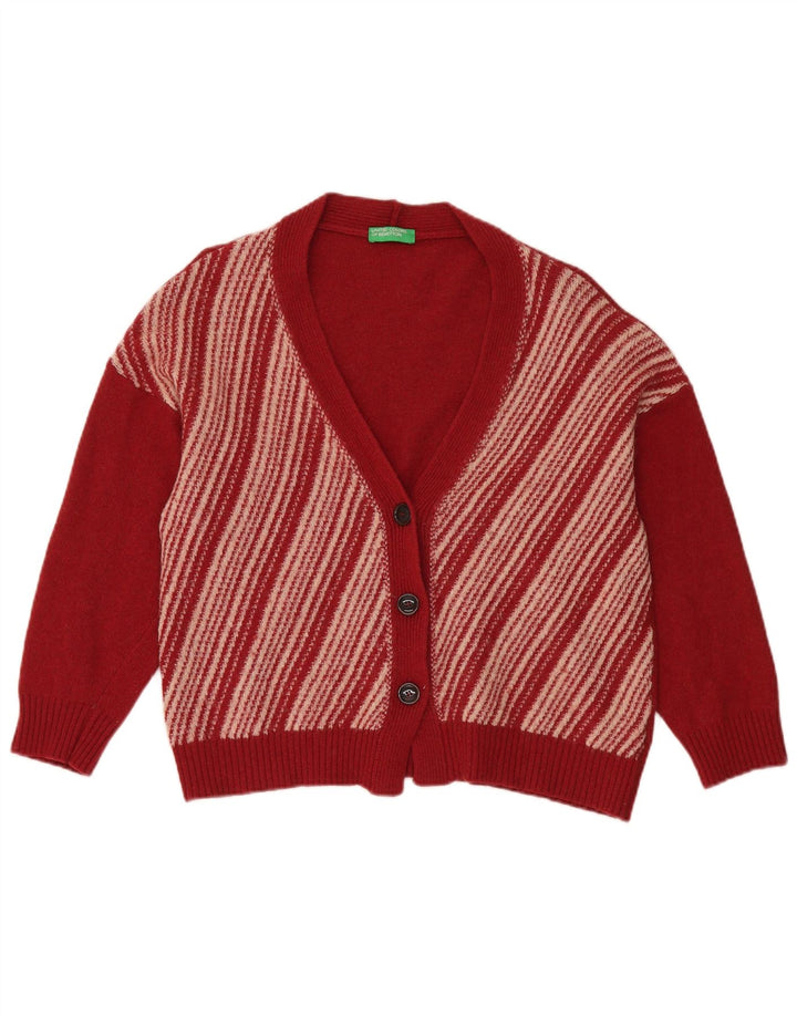 Benetton Womens Oversized Cardigan Sweater UK 14 Medium Red Striped Wool