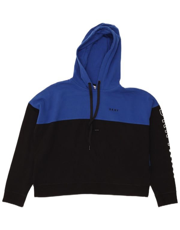 Dkny Womens Crop Graphic Hoodie Jumper UK 16 Large Blue Colourblock