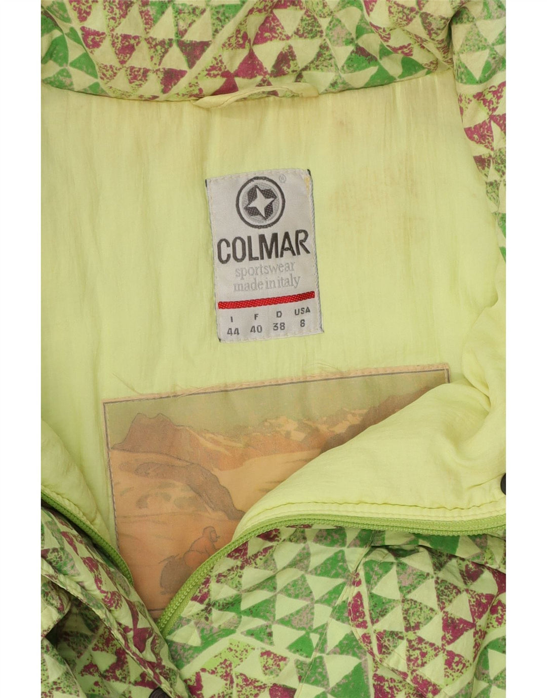 COLMAR Womens Oversized Windbreaker Jacket IT 44 Medium Green Geometric Vintage Colmar and Second-Hand Colmar from Messina Hembry 
