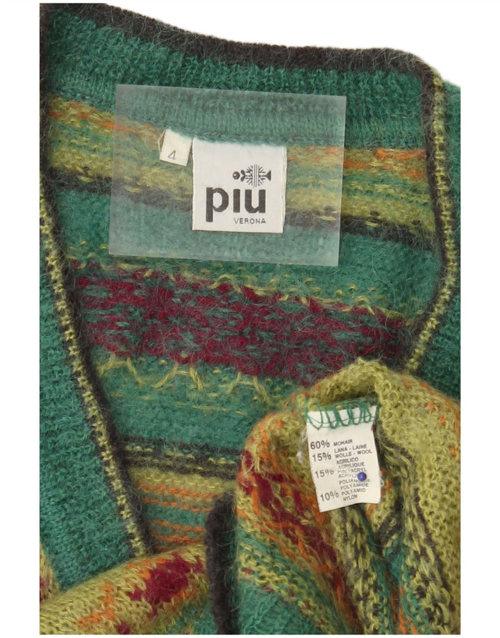 PIU VERONA Womens V-Neck Jumper Sweater UK 14 Medium Green Fair Isle