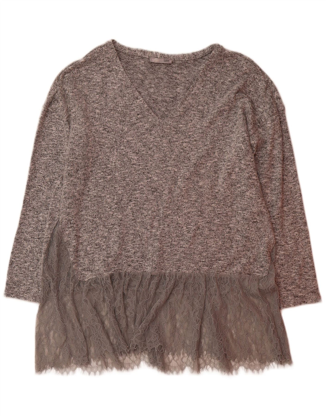 ZARA Womens V-Neck Jumper Sweater UK 14 Large Grey Flecked Polyester