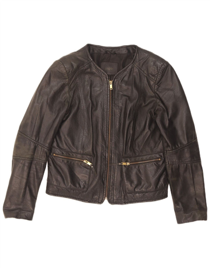 Mango Womens Crop Leather Jacket UK 14 Large Black Leather