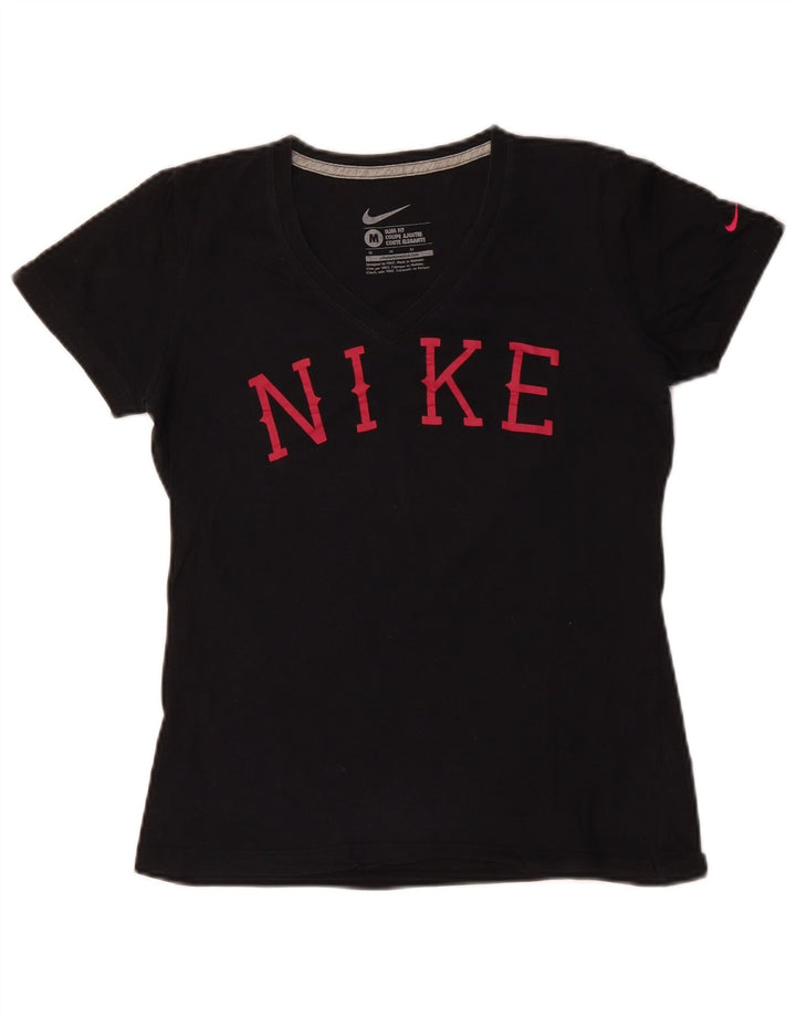 NIKE Womens Slim Fit Graphic T-Shirt Top UK 12 Medium Black Cotton