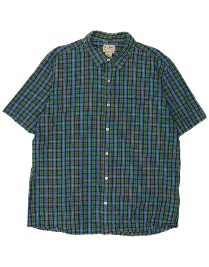 L.L.BEAN Mens Short Sleeve Shirt Large Green Check Cotton