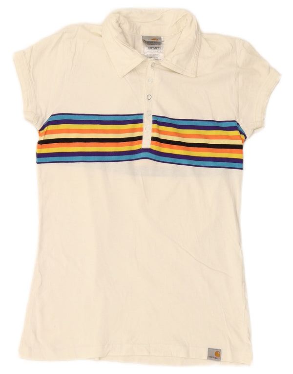 CARHARTT Womens Polo Shirt UK 8 Small White Striped Cotton
