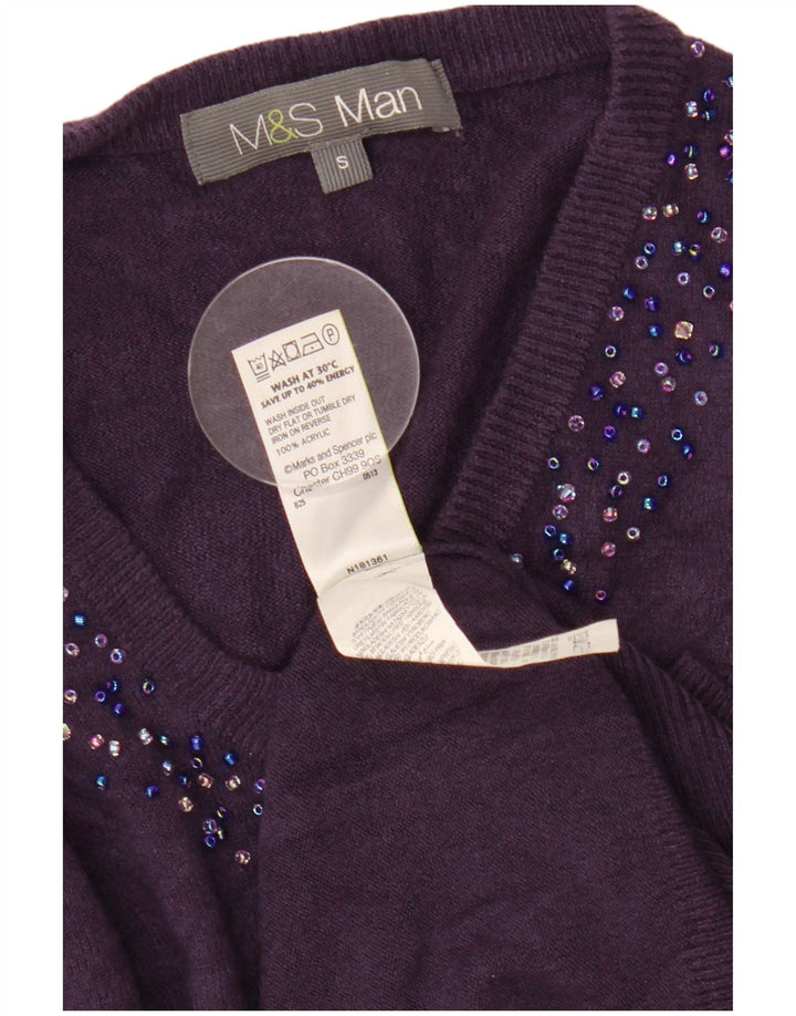 MARKS & SPENCER Mens V-Neck Jumper Sweater Small Purple Acrylic