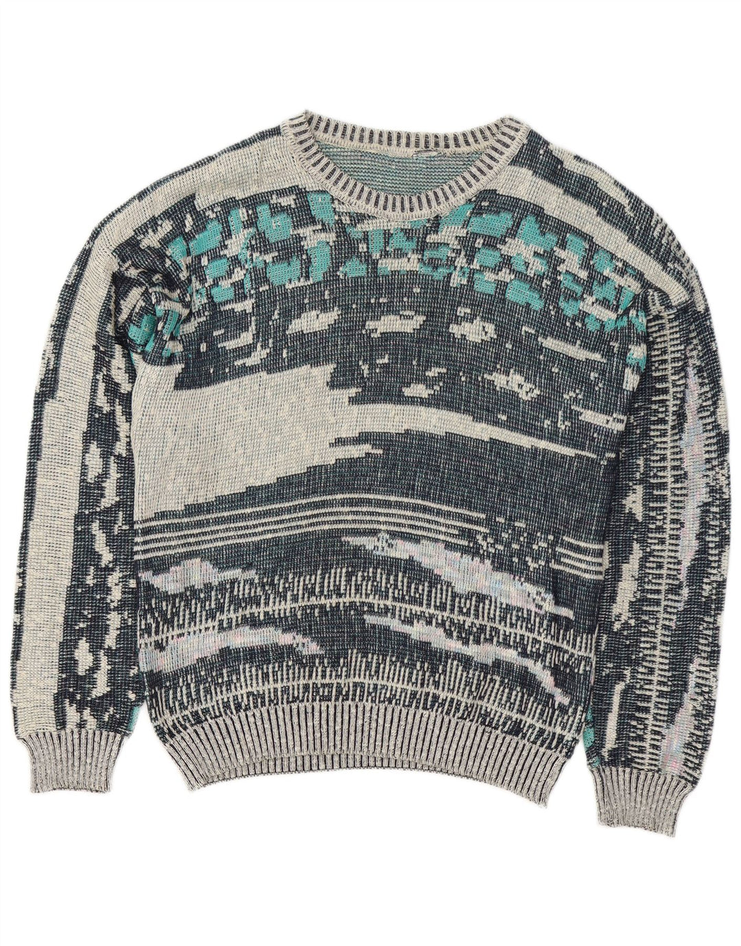 Vintage Mens Abstract Pattern Crew Neck Jumper Sweater Medium Blue