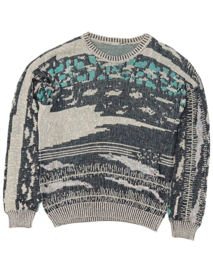 Vintage Mens Abstract Pattern Crew Neck Jumper Sweater Medium Blue