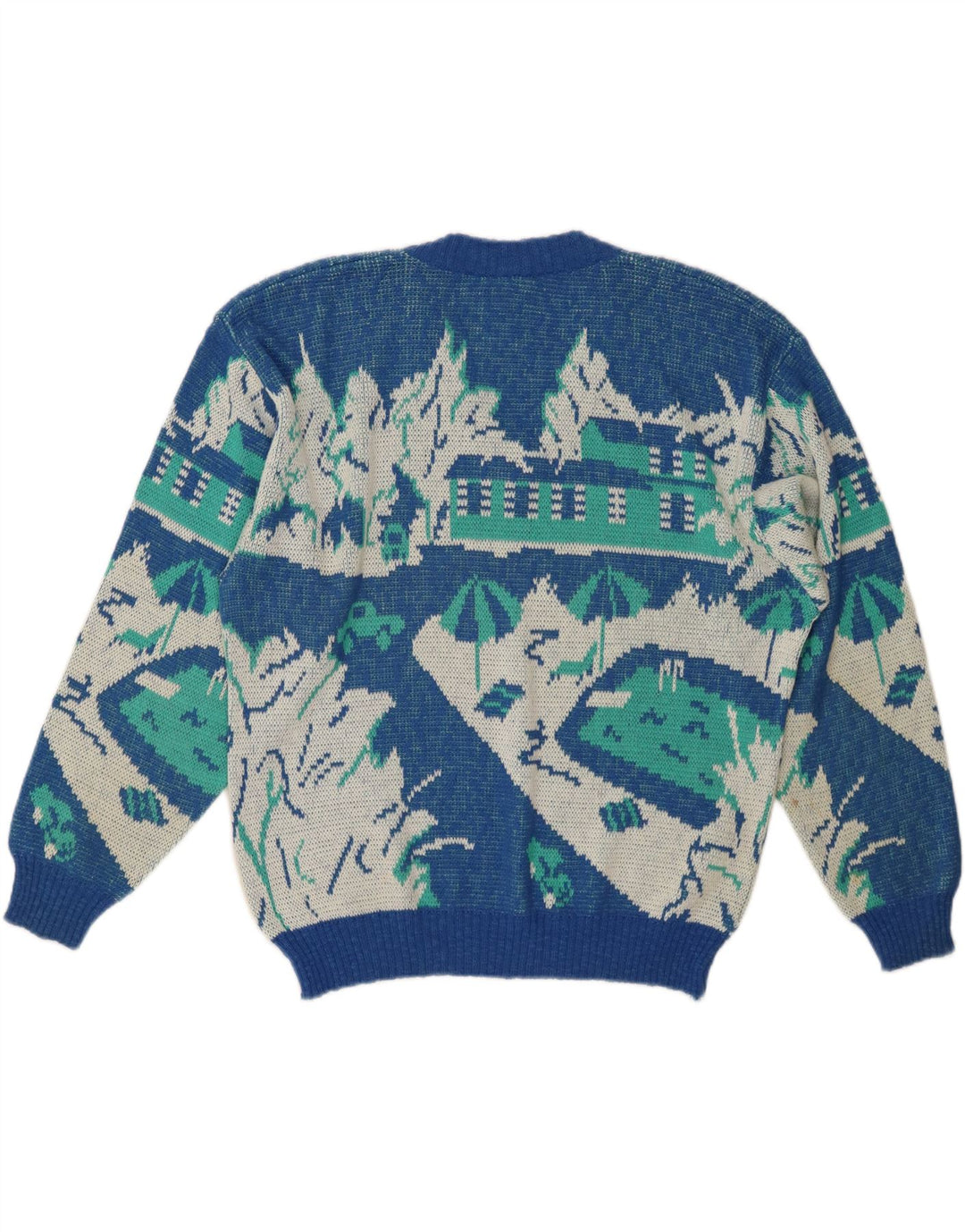 VINTAGE Womens Abstract Pattern V-Neck Jumper Sweater IT 52 2XL Blue