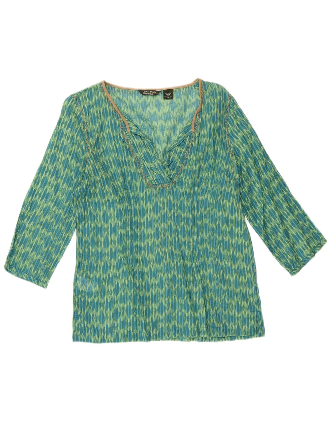 Eddie Bauer Womens 3/4 Sleeve Loose Fit Tunic Top UK 6 XS Green Ikat Cotton