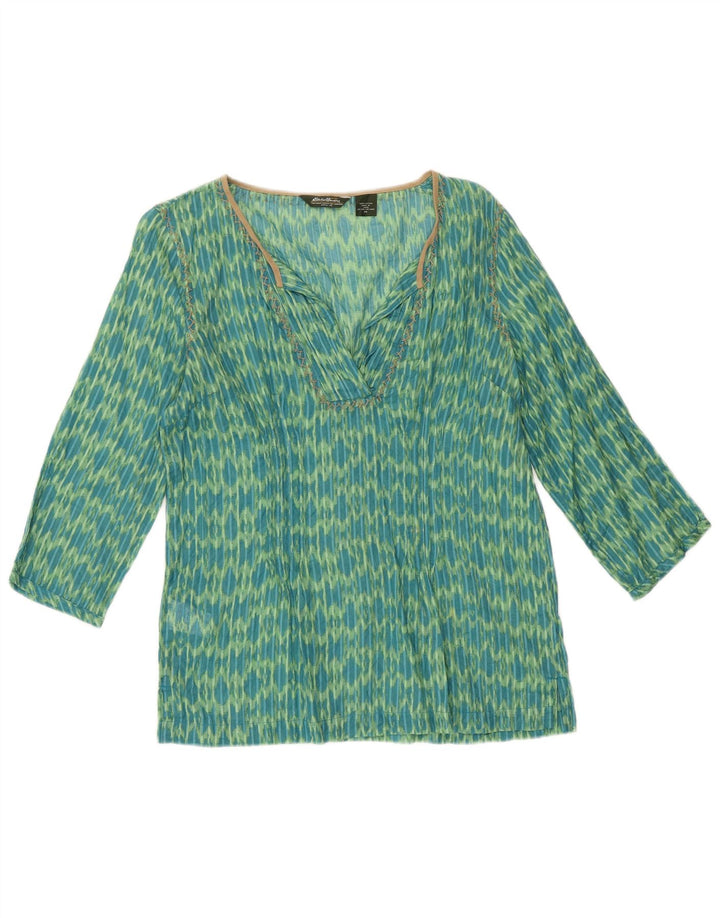 Eddie Bauer Womens 3/4 Sleeve Loose Fit Tunic Top UK 6 XS Green Ikat Cotton