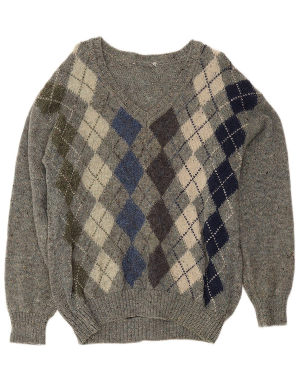 Vintage Mens V-Neck Jumper Sweater Medium Grey Argyle/Diamond Virgin Wool