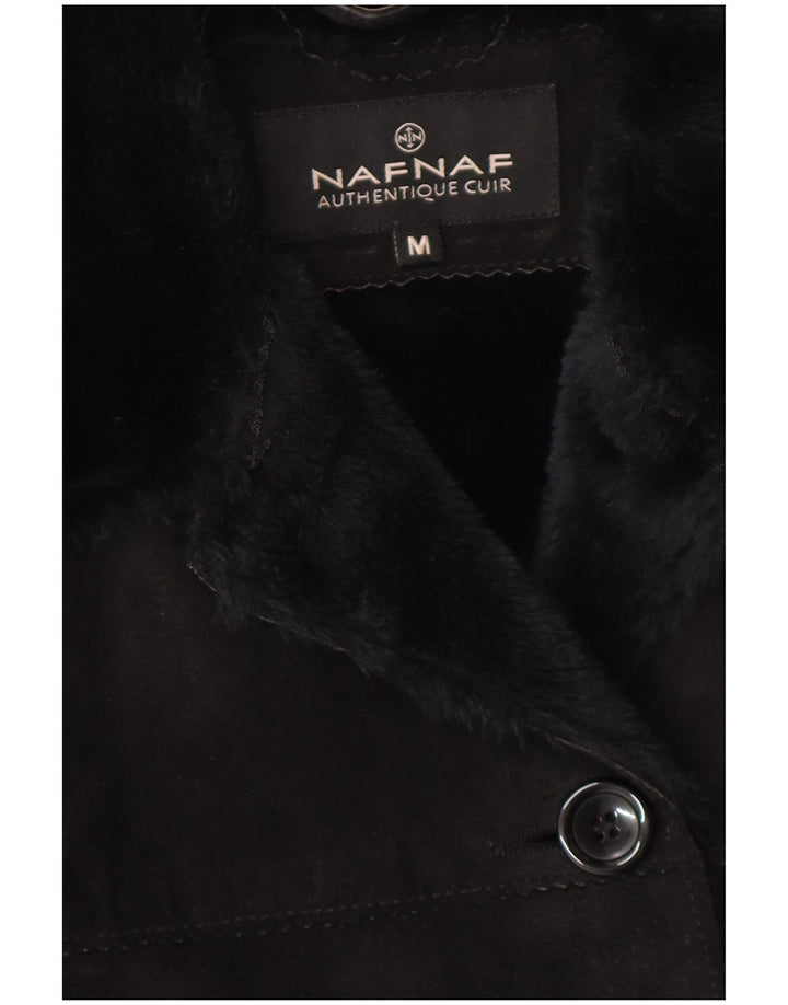 Naf Naf Womens Sherpa Suede Overcoat UK 12 Medium Black Leather Winter