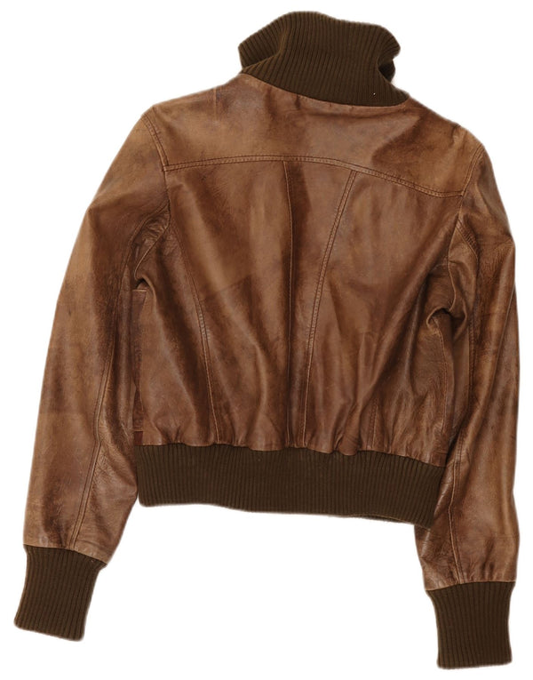 Oasis Womens Crop Leather Jacket UK 16 Large Brown Colourblock