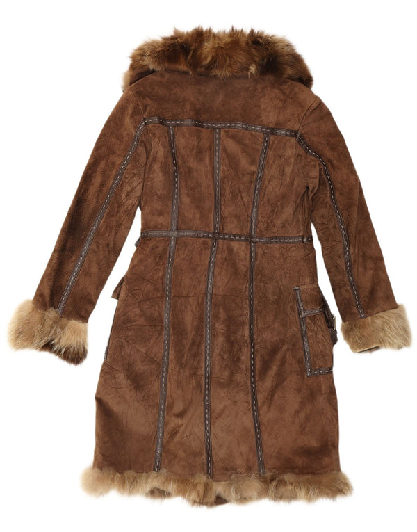 Rene Derhy Womens Suede Fur Overcoat UK 14 Medium Brown Leather