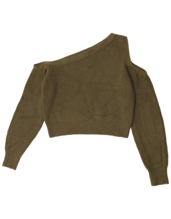 Zara Womens Crop One Shoulder Boat Neck Jumper Sweater UK 12 Medium Khaki