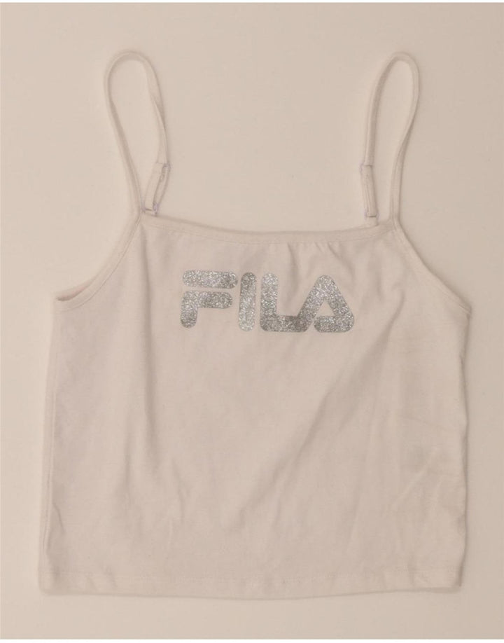 FILA Womens Graphic Cami Top UK 8 Small White Polyester Vintage Fila and Second-Hand Fila from Messina Hembry 