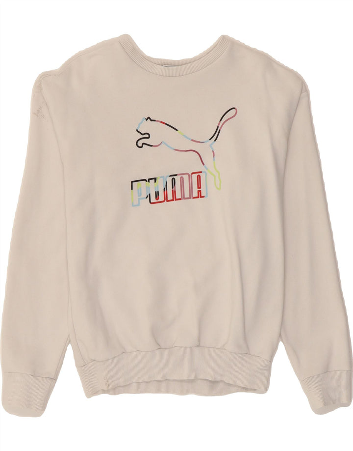 PUMA Womens Oversized Graphic Sweatshirt Jumper UK 6 XS White Vintage Puma and Second-Hand Puma from Messina Hembry 