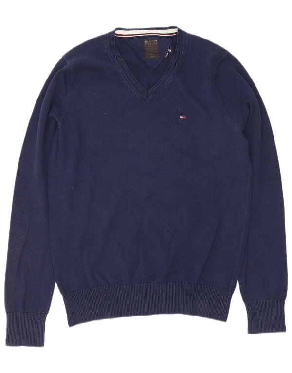 Tommy Hilfiger Mens V-Neck Jumper Sweater Medium Navy Blue Cotton
