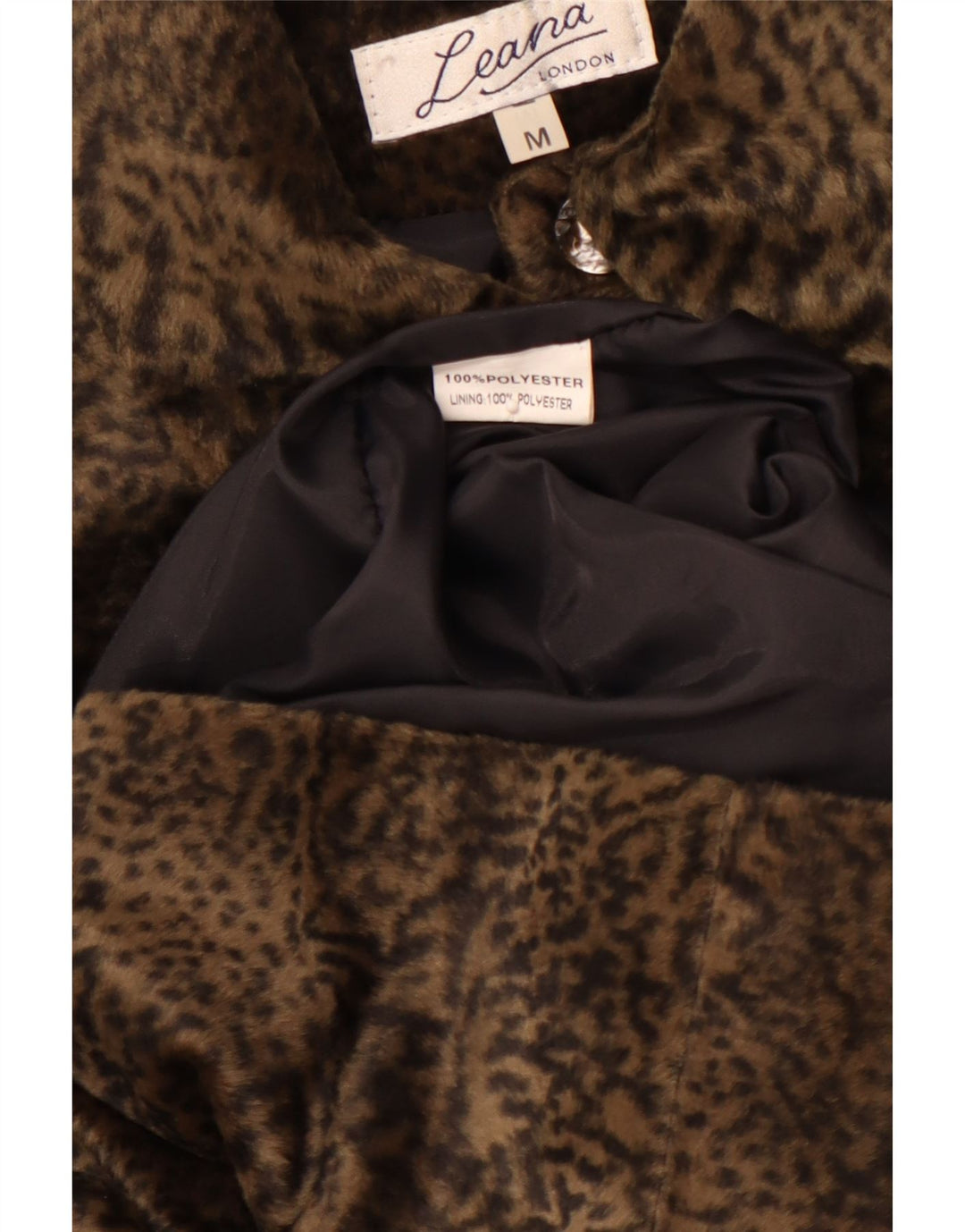 VINTAGE Womens Faux Fur Overcoat UK 14 Medium Brown Animal Print Polyester