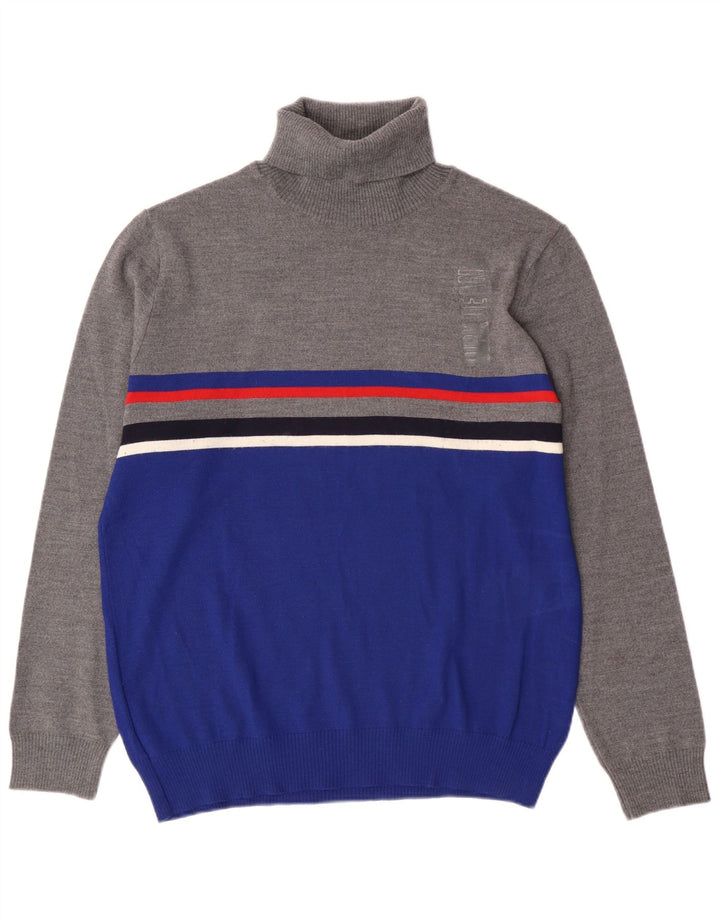 Vintage Mens Roll Neck Jumper Sweater XL Grey Colourblock Acrylic