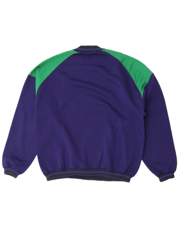 Vintage Mens Graphic Sweatshirt Jumper XL Navy Blue Colourblock Cotton