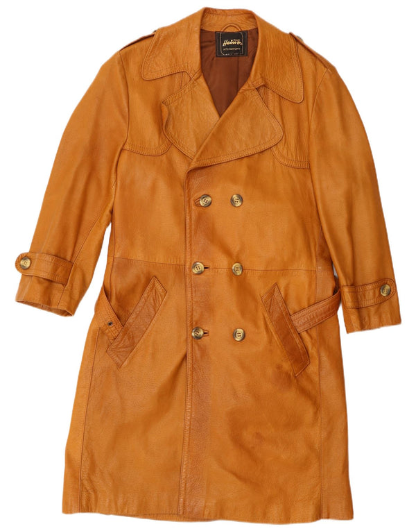 VINTAGE Mens Military Leather Coat EU 46 Small Beige