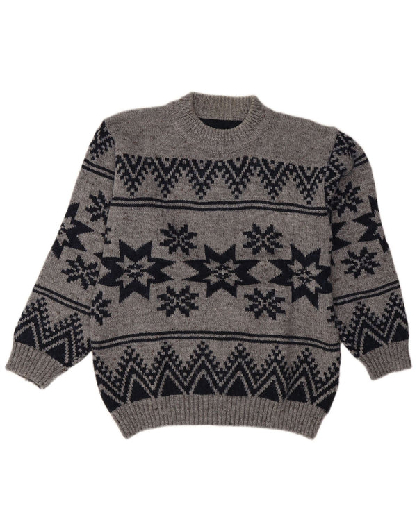 Vintage Mens Crew Neck Jumper Sweater Medium Grey Fair Isle Polyacrylic
