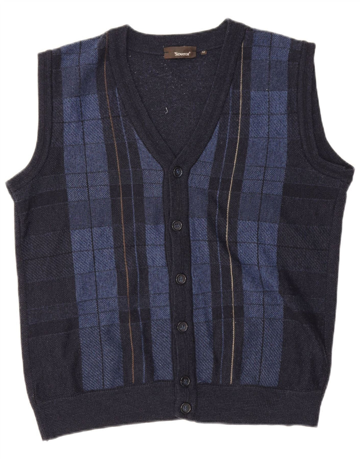 Senator Mens Sleeveless Cardigan Sweater IT 52 Large Navy Blue Check