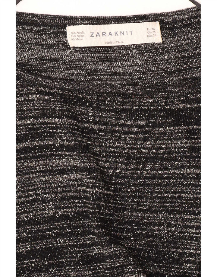 Zara Womens Top Long Sleeve UK 12 Medium Black Striped Acrylic