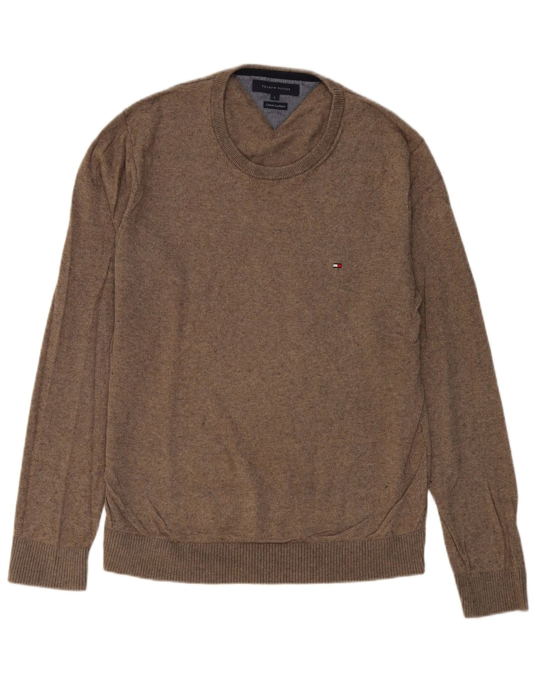 TOMMY HILFIGER Mens Crew Neck Jumper Sweater Large Brown Cotton