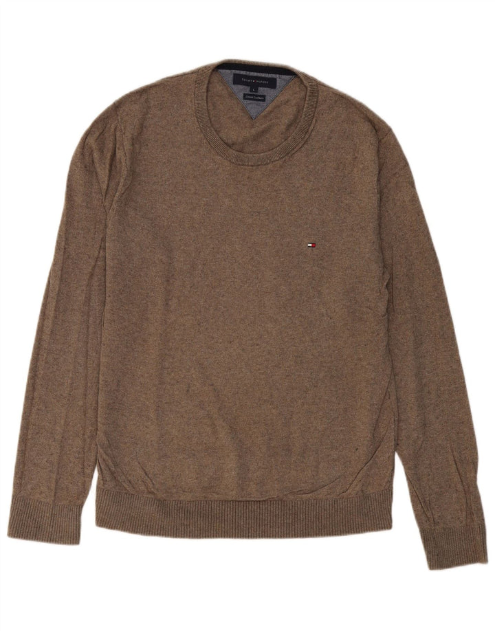 TOMMY HILFIGER Mens Crew Neck Jumper Sweater Large Brown Cotton