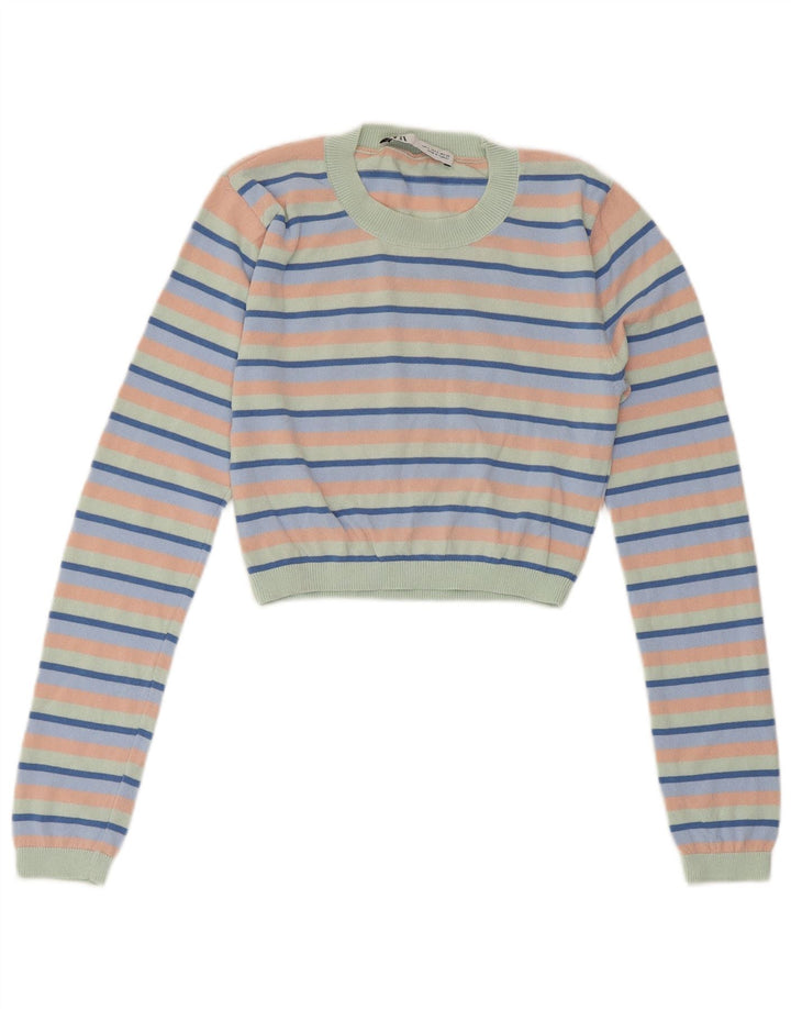 ZARA Womens Crop Crew Neck Jumper Sweater UK 8 Small Multicoloured Striped