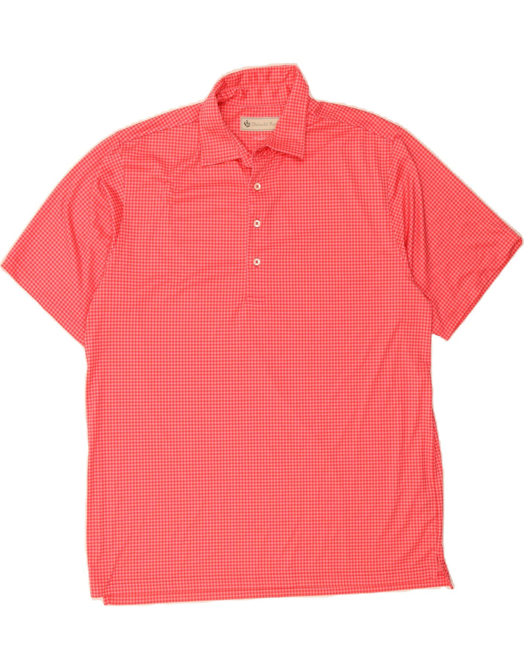 DONALD ROSS Mens Short Sleeve Pullover Shirt Large Pink Gingham Polyester Vintage Donald Ross and Second-Hand Donald Ross from Messina Hembry 