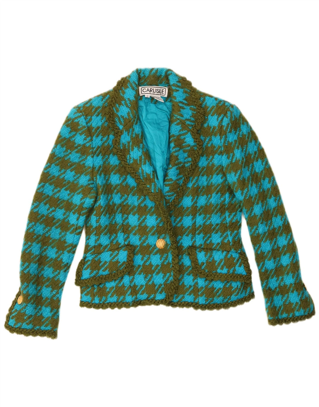Carlisle Womens 1 Button Blazer Jacket UK 10 Small Blue Houndstooth Wool