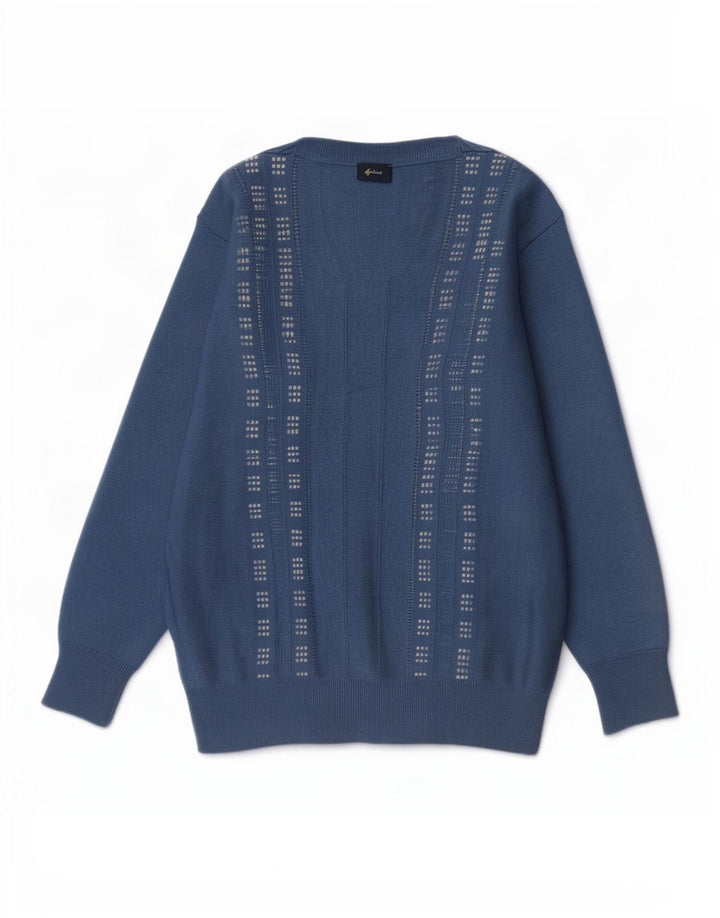 Gabicci Mens V-Neck Jumper Sweater Medium Blue Geometric Wool
