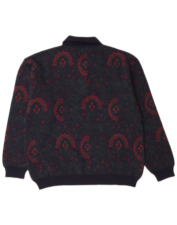 VINTAGE Mens Polo Neck Jumper Sweater Medium Navy Blue Paisley Wool