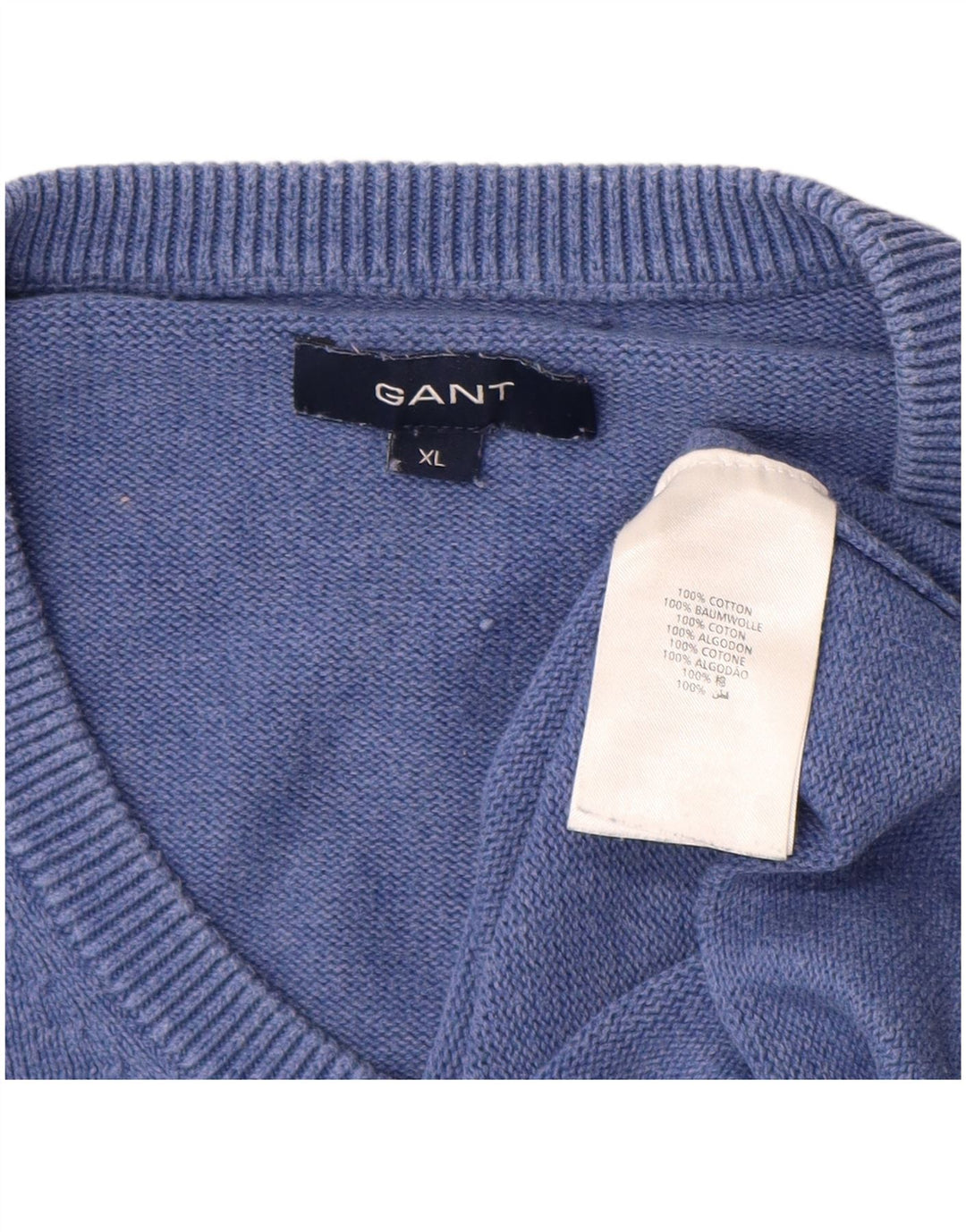 GANT Mens V-Neck Jumper Sweater XL Blue Cotton