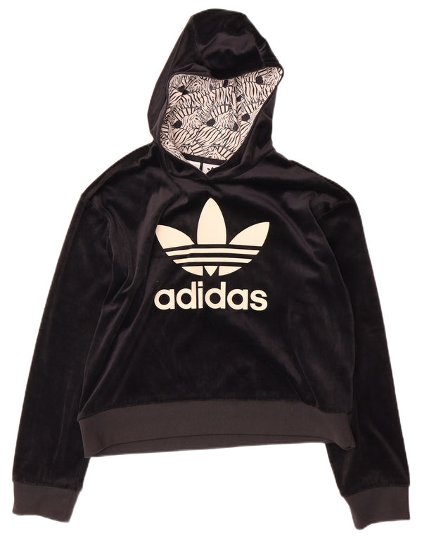 ADIDAS Girls Graphic Velour Hoodie Jumper 13-14 Years Black
