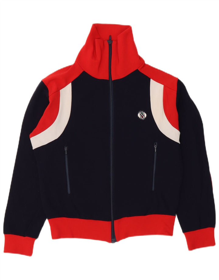 Vintage Mens Tracksuit Top Jacket 2XS Navy Blue Colourblock Polyamide