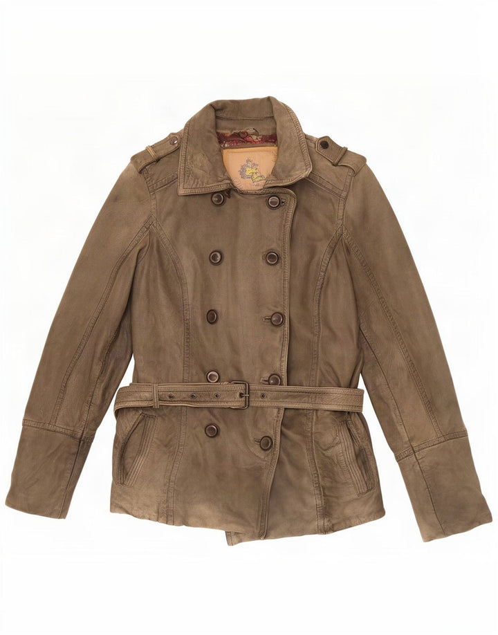 Vintage Womens Military Double Breasted Leather Jacket EU 38 Medium Khaki