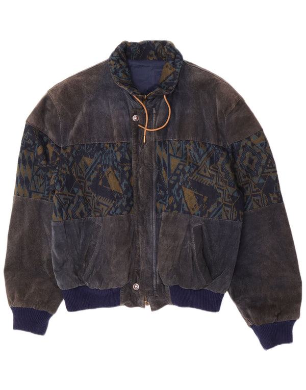 Vintage Mens Suede Bomber Jacket UK 40 Large Navy Blue Geometric