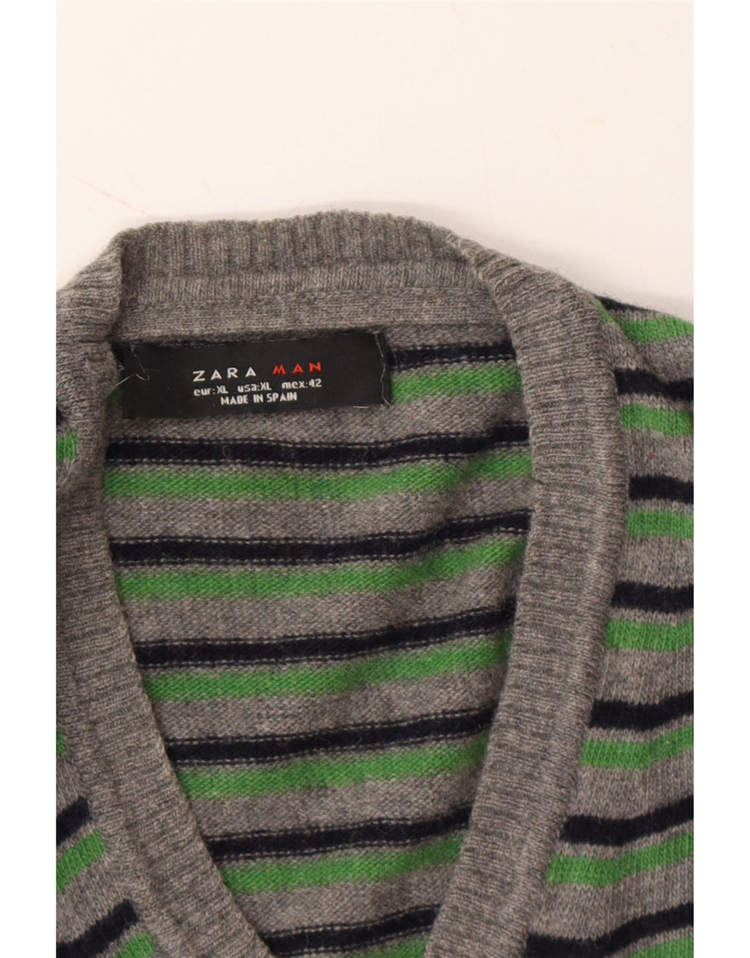 ZARA Mens V-Neck Jumper Sweater XL Grey Striped Wool Vintage Zara and Second-Hand Zara from Messina Hembry 