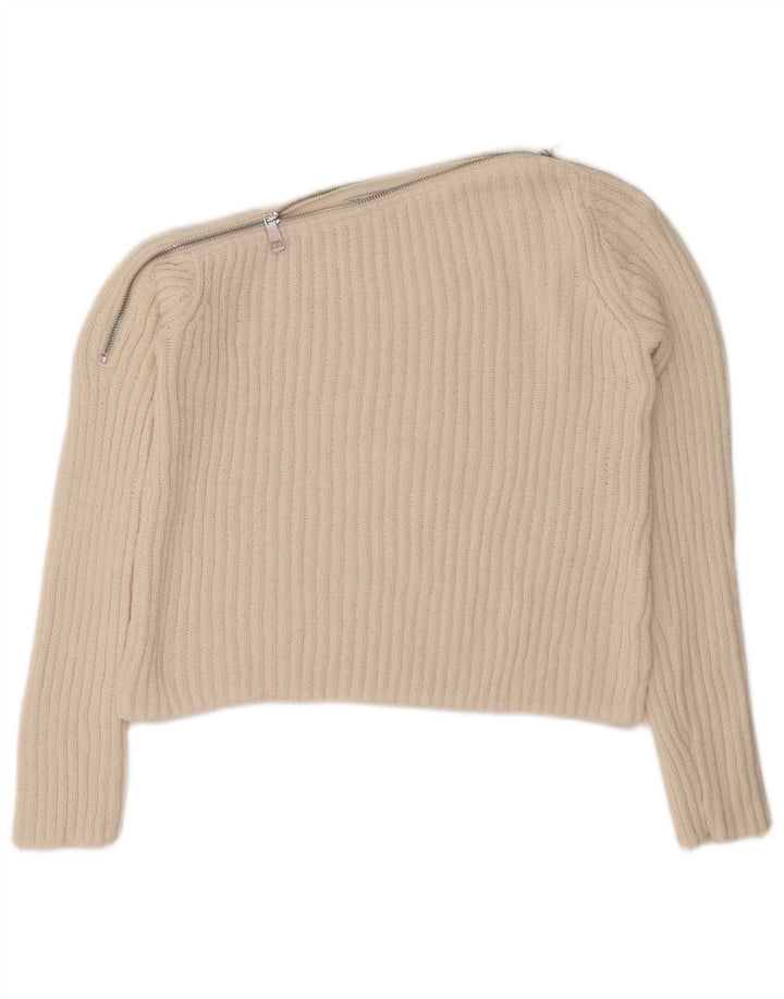 ZARA Womens Crop Boat Neck Jumper Sweater UK 12 Medium Off White Polyester