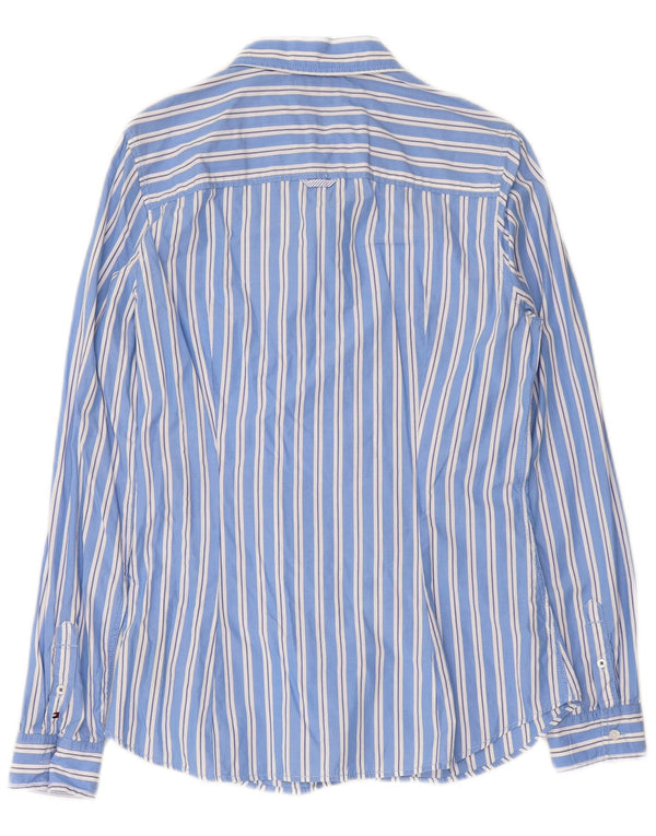 TOMMY HILFIGER Womens Ruffle Front Shirt US 10 Large Blue Striped Cotton
