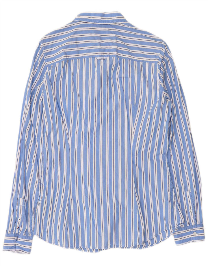 TOMMY HILFIGER Womens Ruffle Front Shirt US 10 Large Blue Striped Cotton