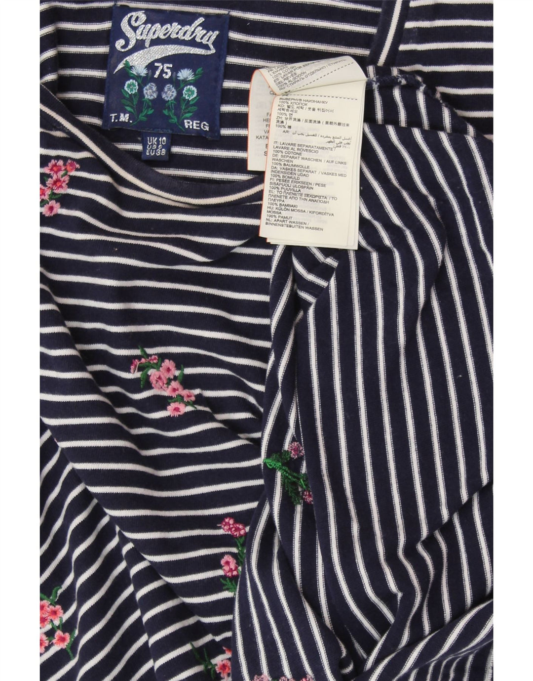 SUPERDRY Womens Top Long Sleeve UK 10 Small Navy Blue Striped Cotton