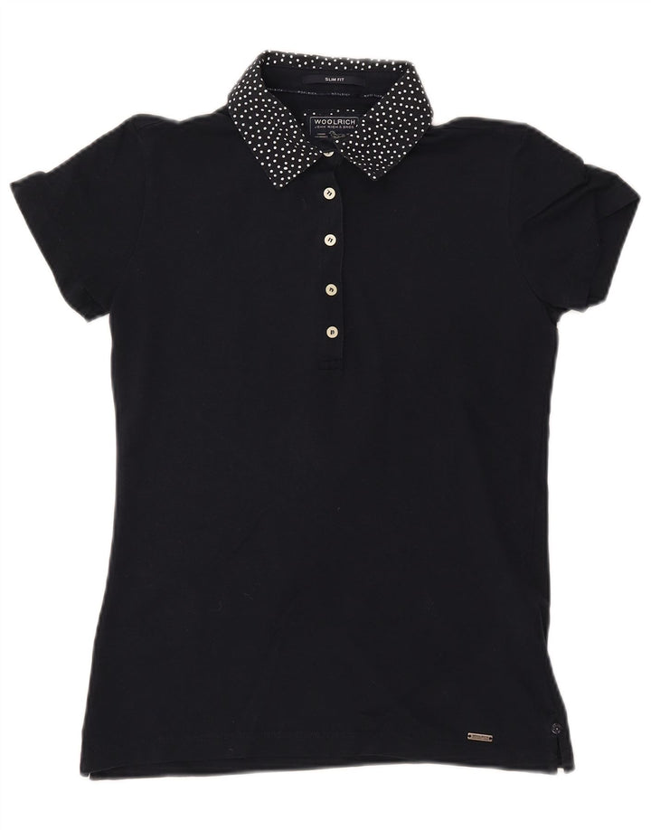 WOOLRICH Womens Slim Fit Polo Shirt UK 12 Medium Navy Blue Spotted Cotton