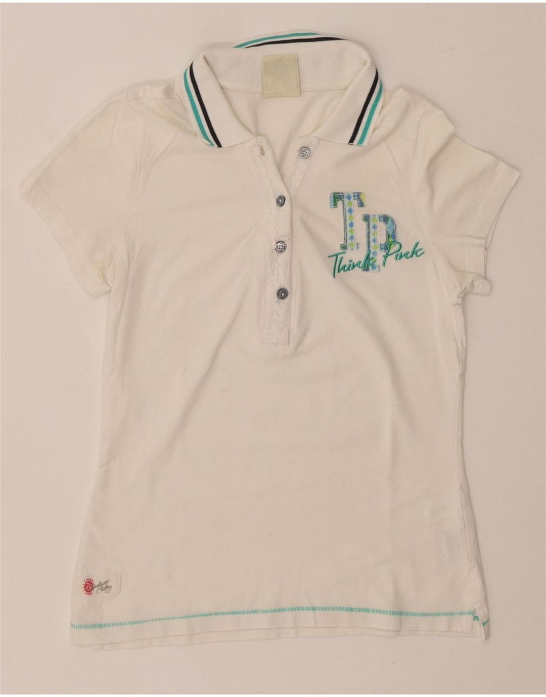 THINK PINK Womens Graphic Polo Shirt UK 8 Small White Cotton
