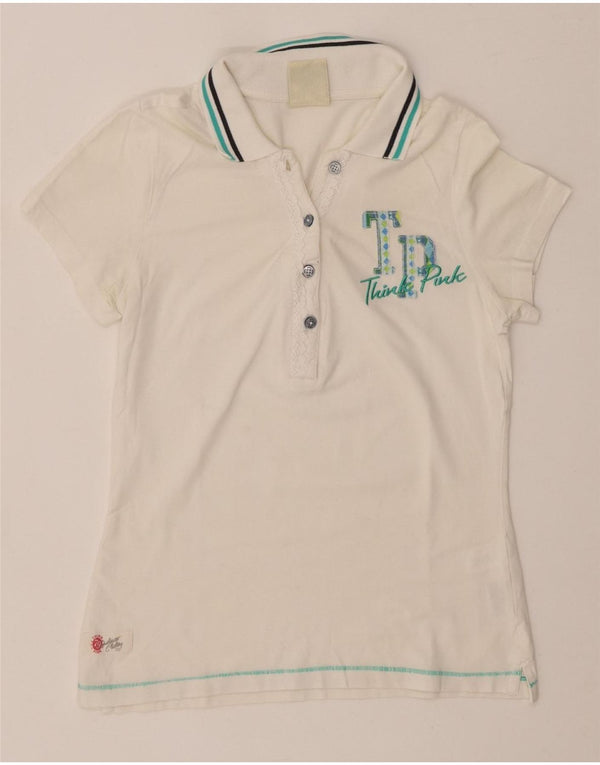 THINK PINK Womens Graphic Polo Shirt UK 8 Small White Cotton